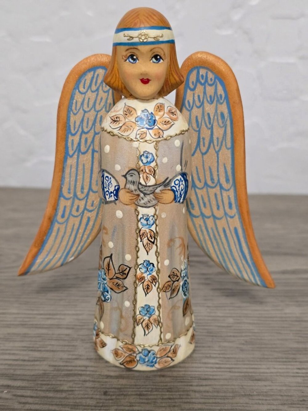 Russian Hand Painted Wooden Angel Blue and Gold Floral Folk Art Signed 5"